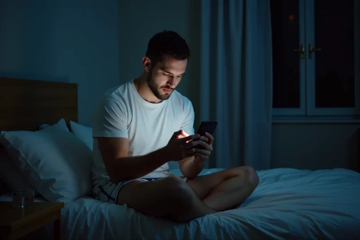 Homme assis sur le bord de son lit la nuit en train de lire un message sur son téléphone avec une expression perplexe