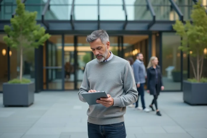 Homme consultant des nouveautés Open Syd sur une tablette devant un bâtiment technologique moderne