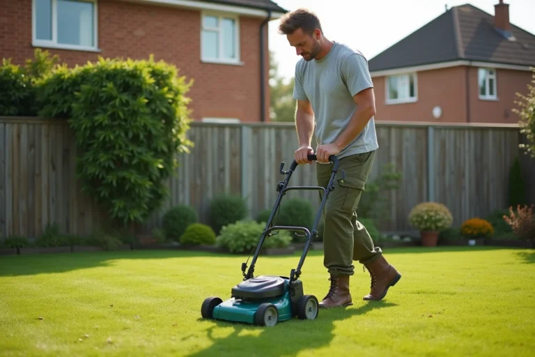 Homme utilisant une tondeuse électrique Teccpo TDLM01G dans un jardin suburban bien entretenu