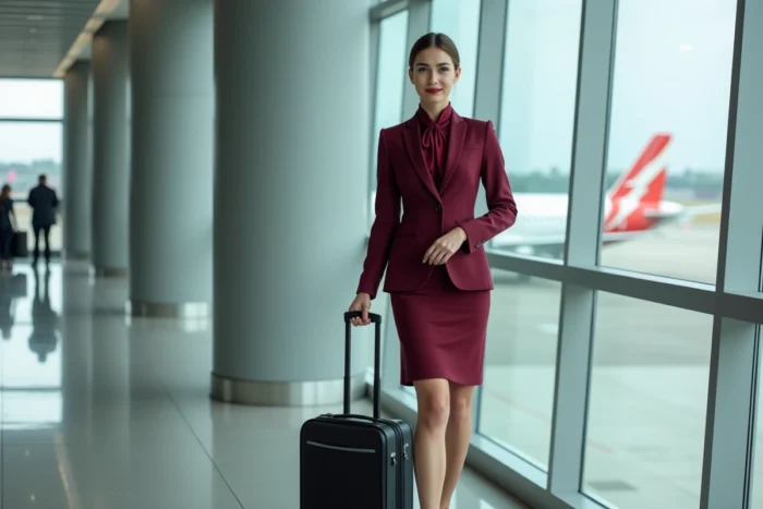 Hôtesse de l'air en uniforme dans un aéroport, sans tatouages visibles, illustration des professions réglementées interdisant les tatouages