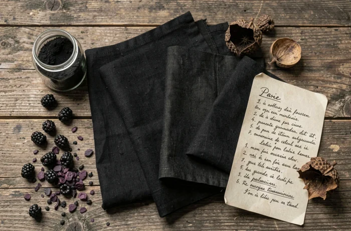 Mise en scène à plat de textiles teints en noir avec des ingrédients naturels comme des baies, des galles de chêne et de la poudre de mordant sur une table en chêne