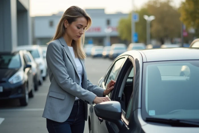 Femme inspectant une voiture d'occasion dans un parc automobile, évaluant son état avant achat