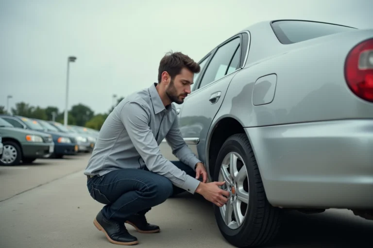 Homme inspectant une voiture d'occasion dans un parc automobile, examinant attentivement la carrosserie d'une berline argentée