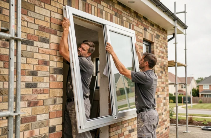 Deux ouvriers posant une fenêtre en aluminium à double vitrage sur la façade d'une maison en rénovation