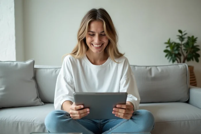 Jeune femme soulagée accédant avec succès à la bonne adresse d'un site de films en streaming sur sa tablette