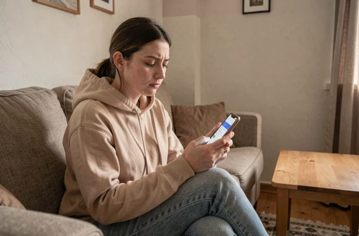 Jeune femme vérifiant l'arrivée d'un virement CAF sur l'application mobile de la Banque Postale
