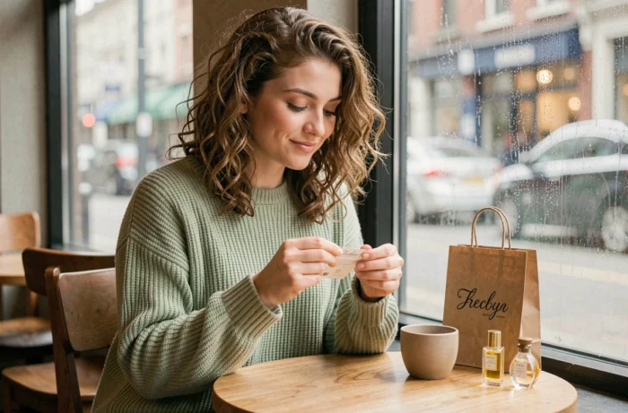 Jeune femme testant un parfum Equivalenza dans un café après ses achats en boutique