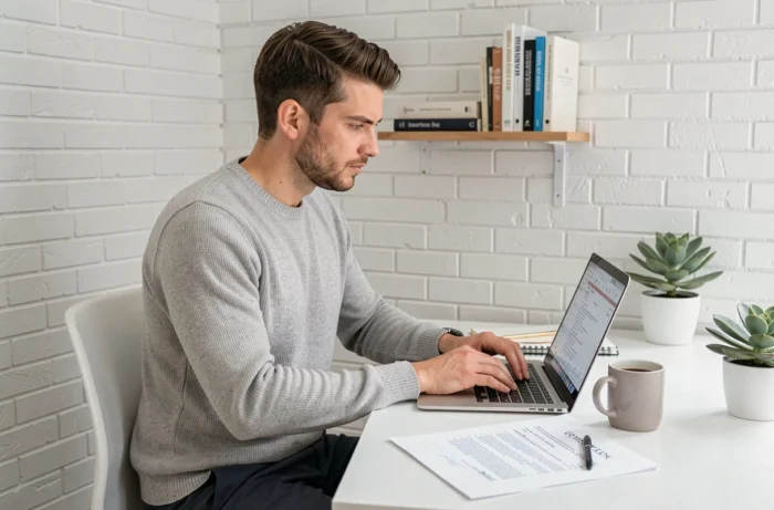 Jeune homme rédigeant son CV sur ordinateur portable dans un bureau à domicile minimaliste