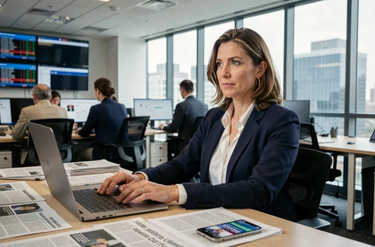 Journaliste féminine concentrée dans une salle de rédaction moderne, entourée d'articles imprimés et d'écrans affichant des actualités