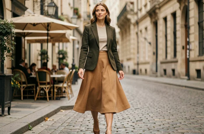 Femme en jupe midi évasée camel et blazer olive marchant en ville pour valoriser une morphologie en poire