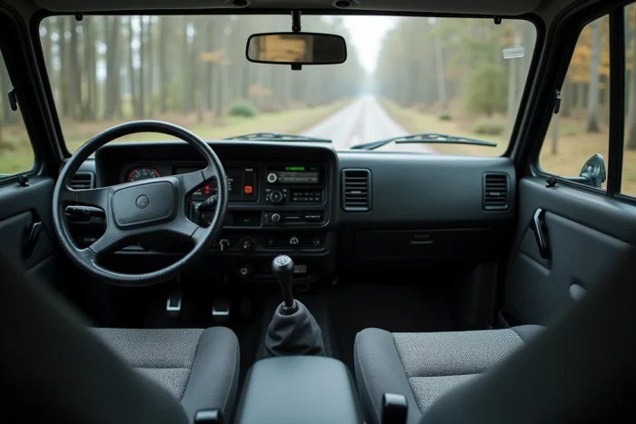 Intérieur du Lada Niva 4x4 2026 tableau de bord moderne et sellerie grise vue cockpit conducteur