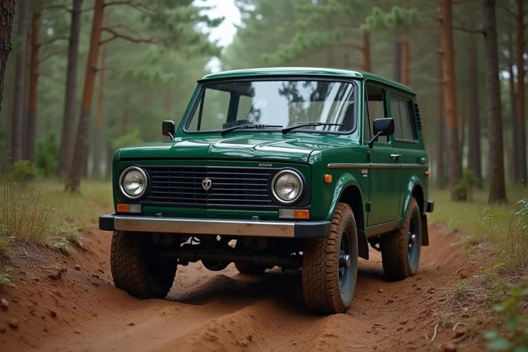 Lada Niva 4x4 2026 vert forêt garé sur piste forestière boueuse vue avant trois quarts