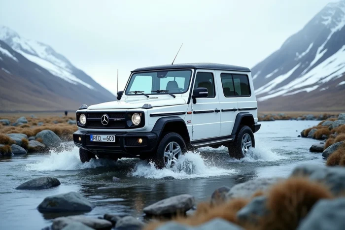 Lada Niva 4x4 2026 blanc franchissant un gué rocheux en montagne traversée de rivière tout-terrain