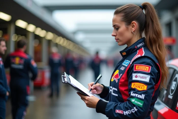 Laurène Godey en combinaison de pilotage consulte ses notes de pace dans le paddock d'un service park de rallye