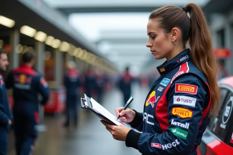 Laurène Godey en combinaison de pilotage consulte ses notes de pace dans le paddock d'un service park de rallye