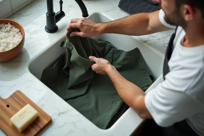 Homme lavant à la main un tablier en toile verte dans un évier en porcelaine avec une brosse douce