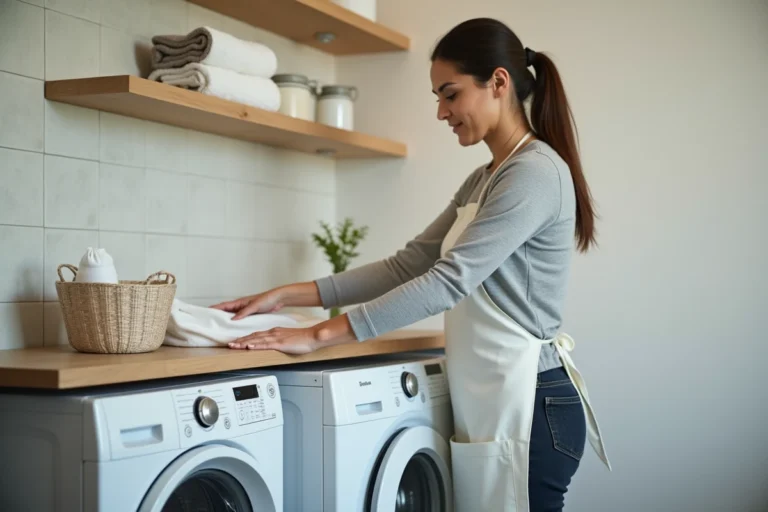 Femme pliant un tablier blanc avant de le mettre dans un lave-linge dans une buanderie moderne