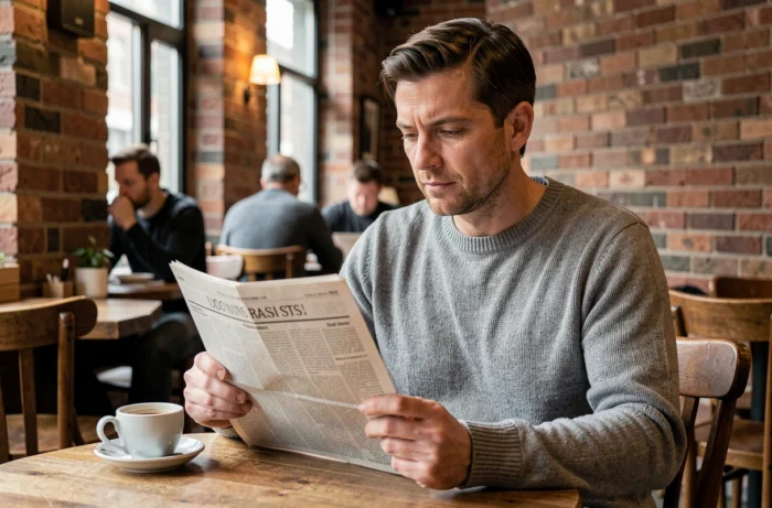 Personne lisant un article de journal dans un café urbain, ambiance réflexive et contemporaine