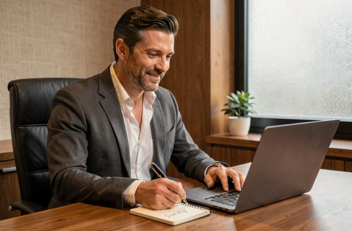 Homme professionnel rédigeant un email personnalisé destiné à un client stratégique avec des notes manuscrites sur un carnet à côté de son ordinateur
