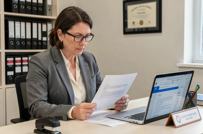 Femme professionnelle dans un bureau juridique ou comptable rédigeant un email officiel de changement d'adresse mail à destination d'un service externe