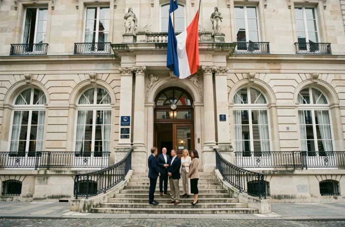 Façade d'une mairie française avec des personnalités en tenue formelle sur les marches, photo de presse grand angle