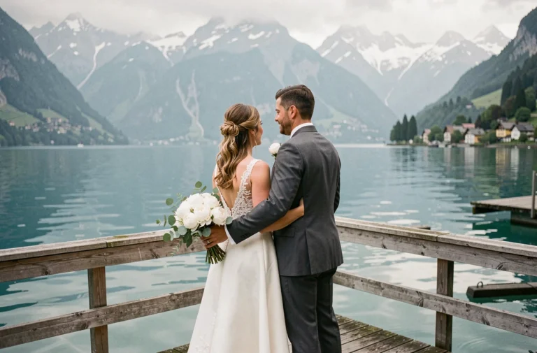 Couple de mariés se tenant sur un ponton en bois face au lac Léman avec les Alpes suisses en arrière-plan, robe en satin blanc et costume gris anthracite