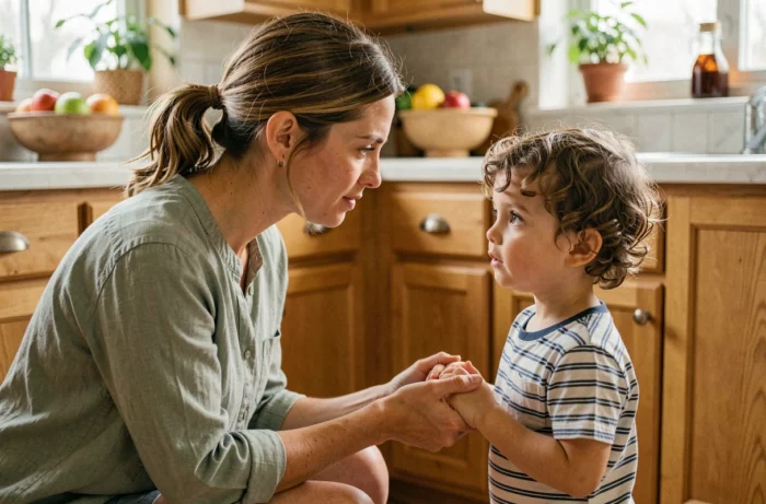 Mère bienveillante se mettant à la hauteur de son enfant dans une cuisine chaleureuse pour une communication douce et attentive