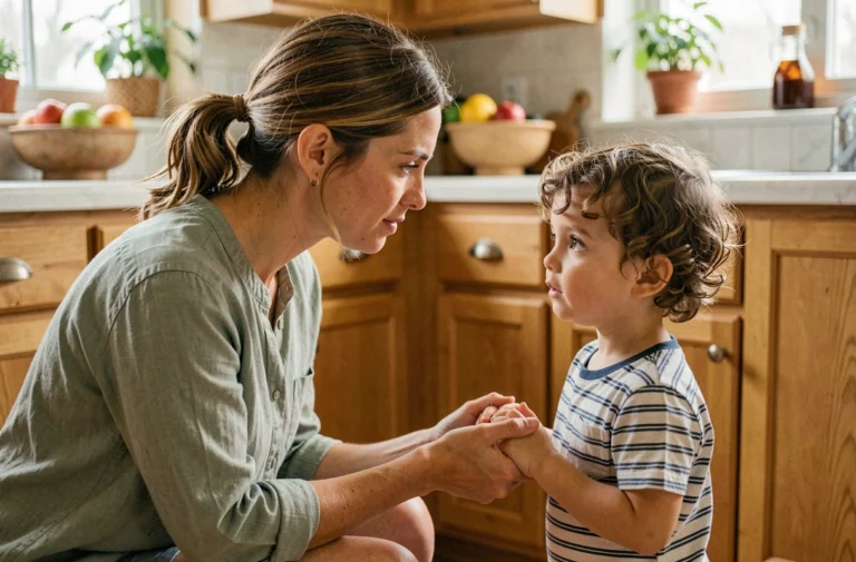 Mère bienveillante se mettant à la hauteur de son enfant dans une cuisine chaleureuse pour une communication douce et attentive