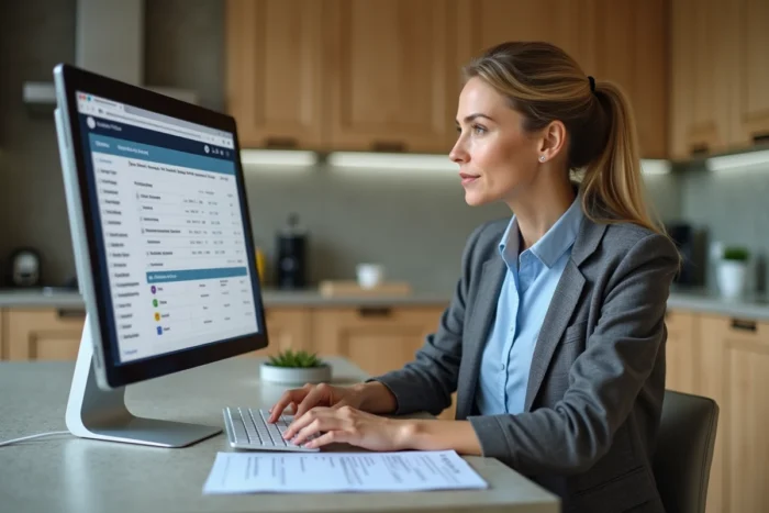 Mère de famille suivant la formation de son enfant sur l'espace familles en ligne depuis la cuisine