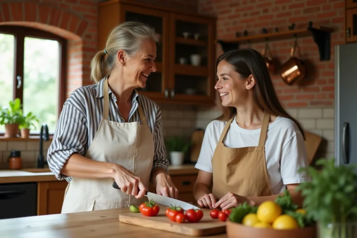 Mère et fille adolescente cuisinant ensemble dans une cuisine familiale chaleureuse, partageant un moment de complicité au quotidien