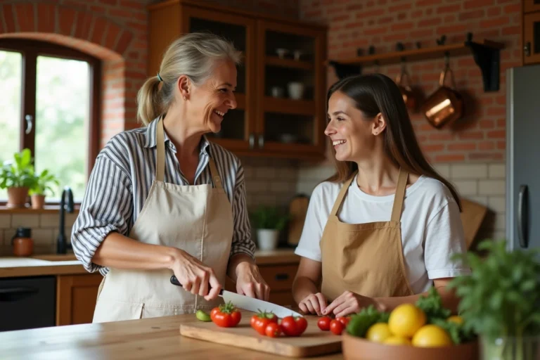 Mère et fille adolescente cuisinant ensemble dans une cuisine familiale chaleureuse, partageant un moment de complicité au quotidien