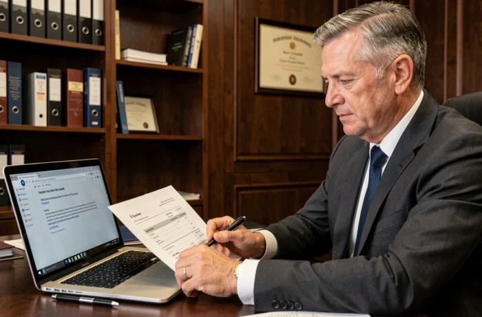 Homme d'affaires signant une facture imprimée à côté d'un email ouvert destiné à un fournisseur avec une mise à jour d'adresse de facturation