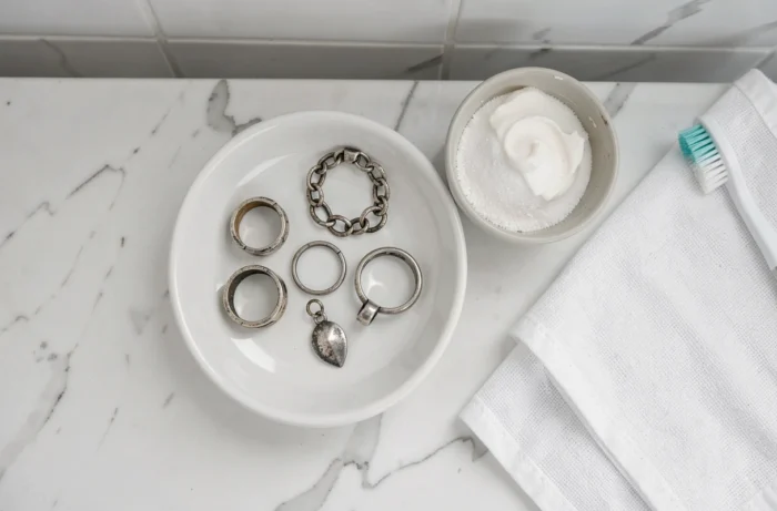 Bijoux en argent noircis disposés sur une assiette blanche avec du bicarbonate de soude et une brosse à dents pour les nettoyer