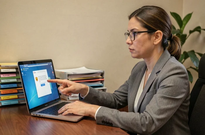 Femme professionnelle montrant un email de notification client avec un avertissement anti-fraude sur son ordinateur portable