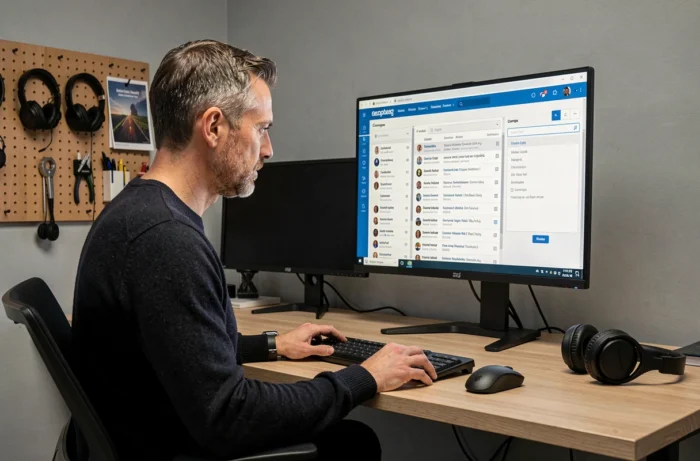 Homme dans un studio de marketing digital gérant l'envoi d'une notification groupée de changement d'adresse mail à une liste d'abonnés de newsletter