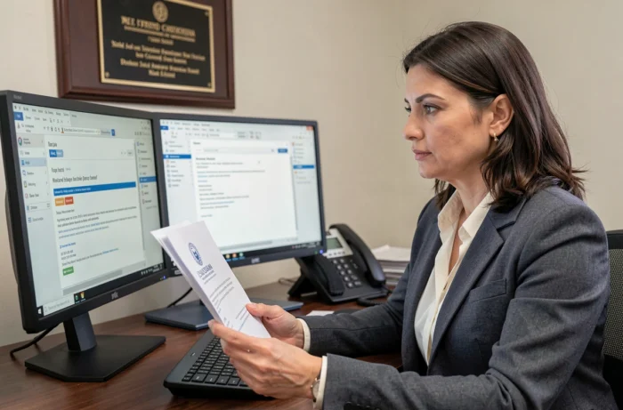 Femme dans un bureau institutionnel gérant un email de notification à un partenaire avec des canaux de communication de secours visibles