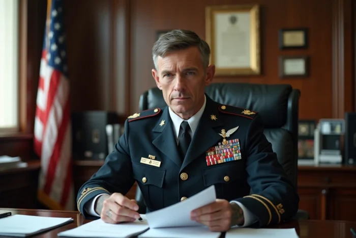 Officier militaire en uniforme d'apparat dans un bureau de commandement, sans tatouages visibles, représentation des métiers interdisant les tatouages apparents