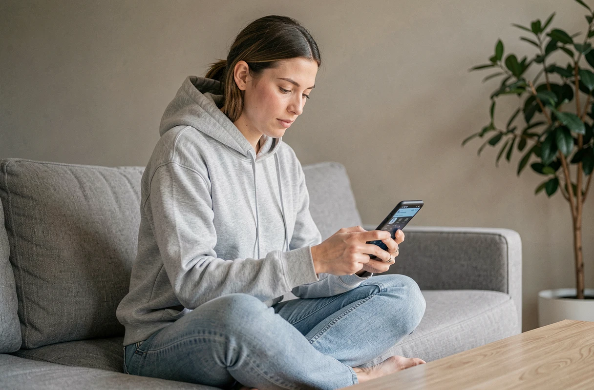 Femme optimisant les paramètres de son smartphone Android depuis son canapé dans un salon moderne
