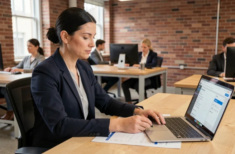 Journaliste éditorialiste dans une salle de rédaction moderne consultant un calendrier éditorial structuré pour organiser le contenu de News Online Passion
