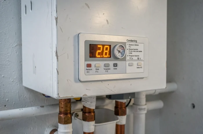 Panneau de contrôle numérique d'une chaudière à condensation avec affichage des paramètres de température dans un appartement bruxellois