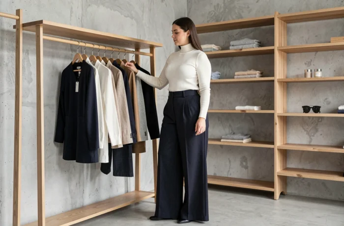 Femme en pantalon taille haute jambes larges marine et pull col roulé blanc pour sublimer les hanches