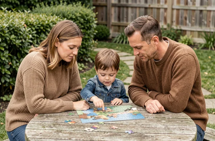 Parents bienveillants engagés avec leur enfant autour d'un puzzle en plein air dans un jardin paisible, illustrant la parentalité positive au quotidien