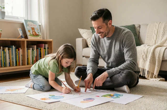 Père attentif encourageant sa fille dans une activité créative sur le tapis du salon dans une ambiance de parentalité positive