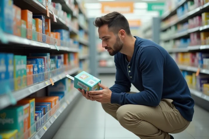 Père lisant attentivement l'emballage de couches Pampers et d'une marque alternative dans un rayon de pharmacie