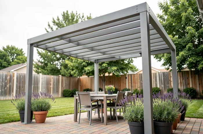 Pergola 5x4 en aluminium gris installée dans un jardin pavillonnaire avec mobilier de jardin et plantes en pot