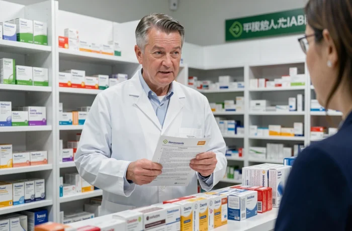 Pharmacien expliquant les effets secondaires d'un médicament au comptoir