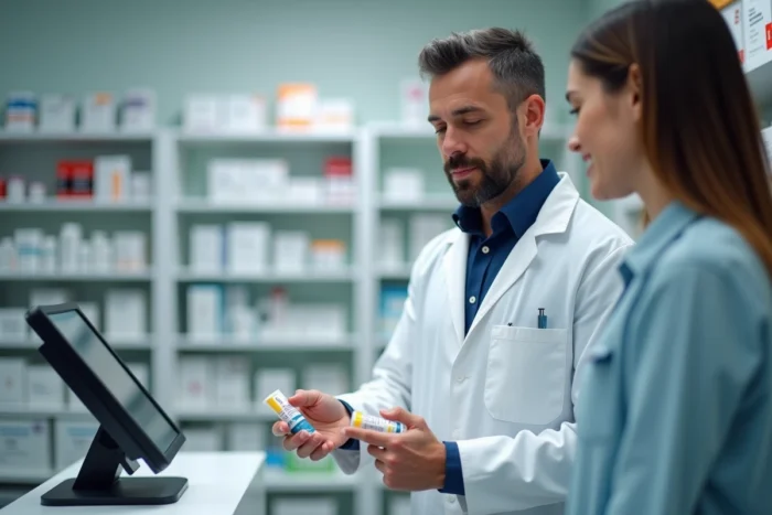 Pharmacien conseillant un client sur le choix d'une pommade anti-inflammatoire en pharmacie