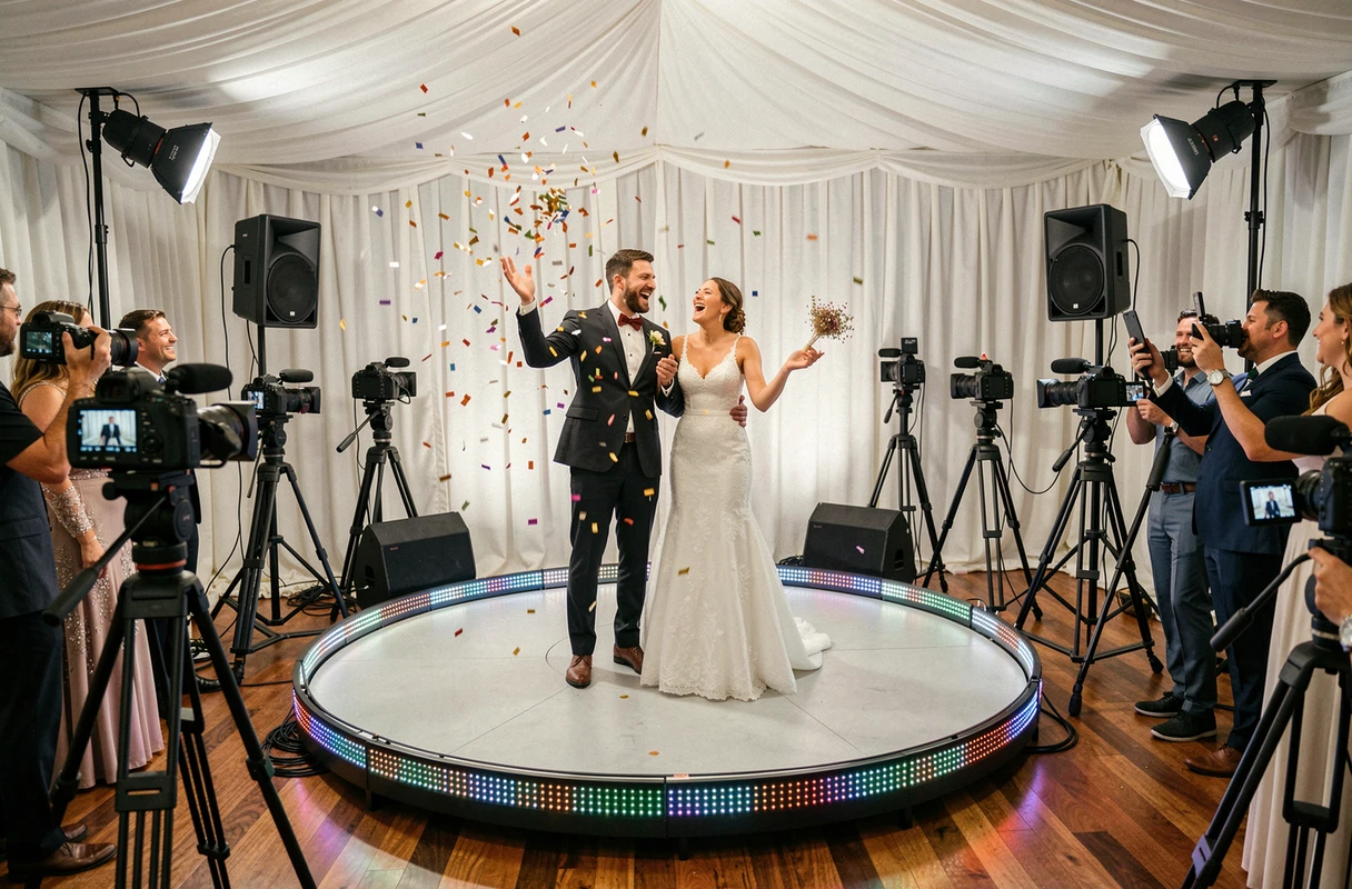 Mariés sur une plateforme de photobooth 360 degrés avec confettis en slow motion lors d'une réception de mariage