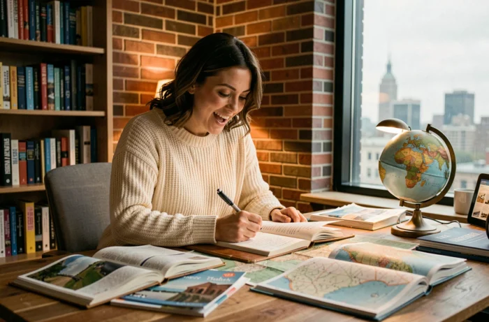 Femme planifiant un voyage autour du monde avec des cartes et guides de voyage sur un bureau en bois