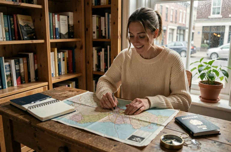 Femme planifiant son voyage de rêve avec une carte, un passeport et un carnet sur un bureau en bois chaleureux